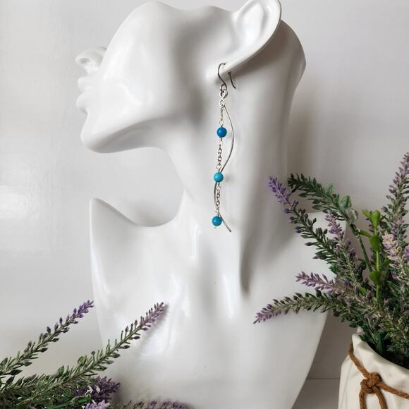 Blue Seashell Beads Long Wire Earrings / Stainless Steel Curved Wire Earrings - Picture 3 of 8